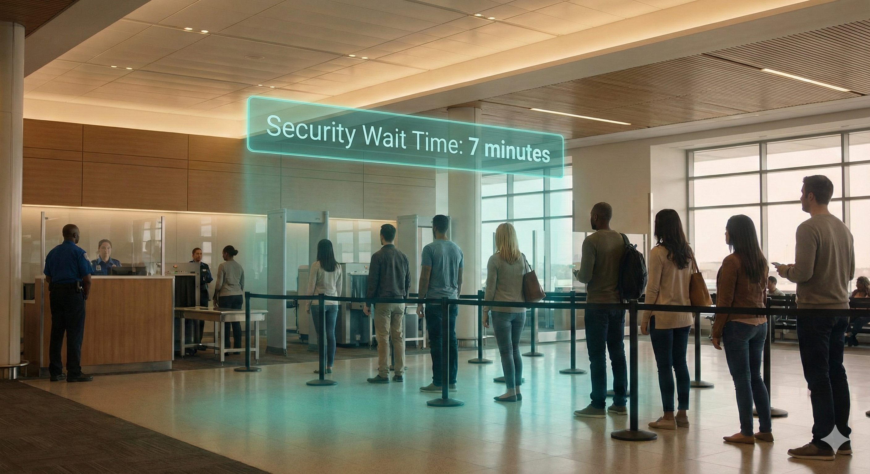 Passenger receiving calming AR guidance while waiting in airport security line