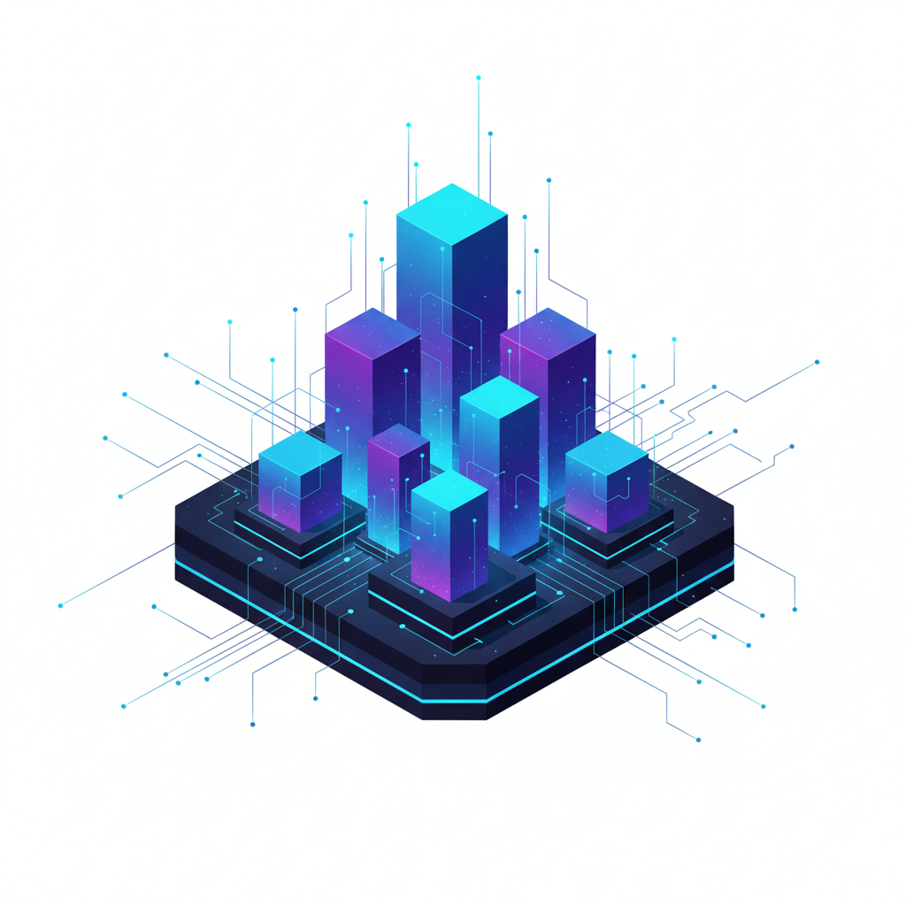 3D isometric data visualization with blue and purple bars